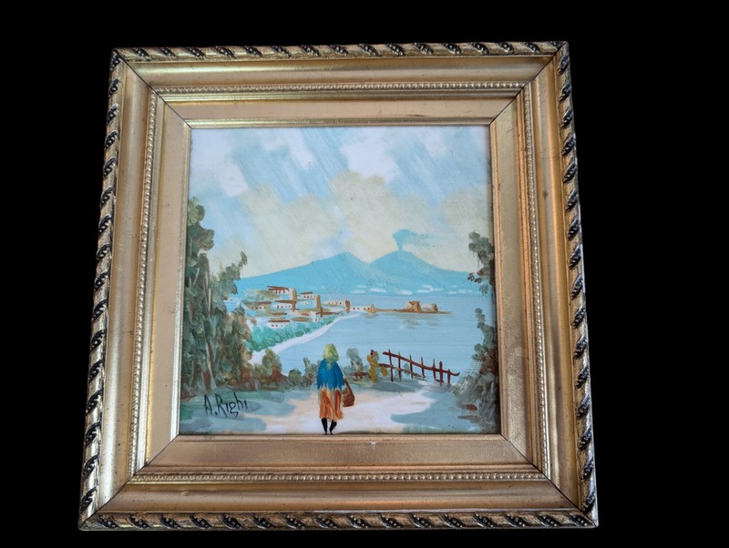 Vintage Italian Landscape Painting on Ceramic Tile