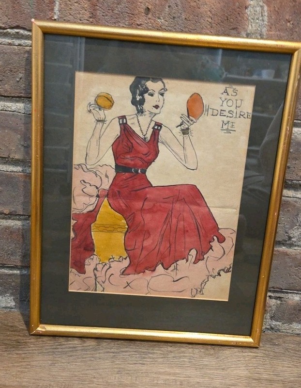 Original Unsigned Watercolor Women In Red Dress Fashion Mid-centery. Framed