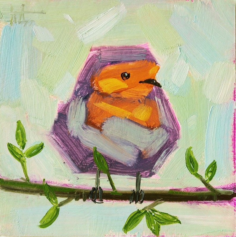Original Oil Painting Robin Bird Minimalism Miniature 5 x 5 inches