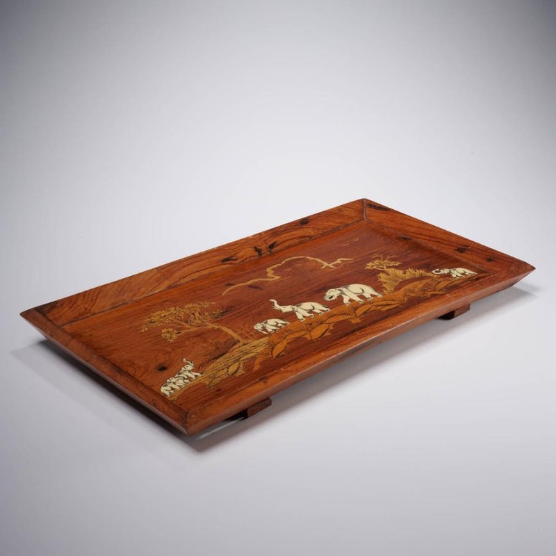 Marquetry Inlaid Wood Elephant Panel Wall Hanging Art Serving Tray 22.5"l gallery