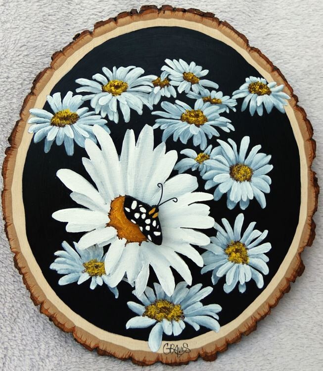 Hand Painted Sm Butterfly On Daisy Wood Cut-Out On Live Edge Wood By Phyllis