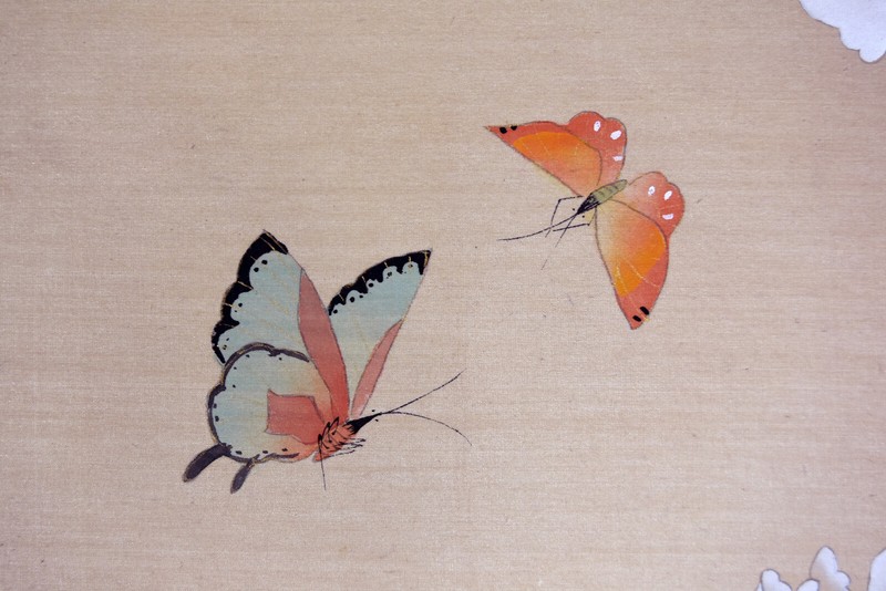 24" Antique Chinese Watercolor Painting Silk Butterflies And White Magnolias gallery