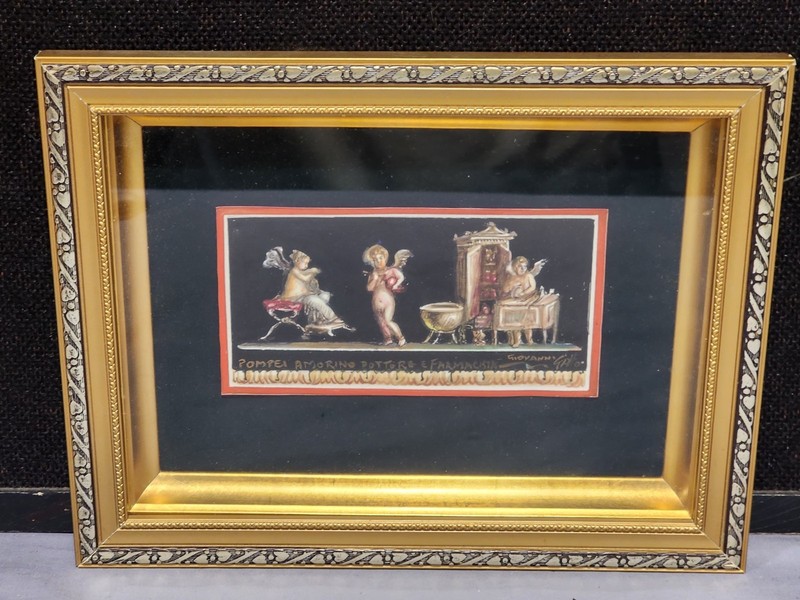 Framed Vintage Gouache POMPEII FRESCO Signed Giovanni GALLO CHERUBS FURNITURE