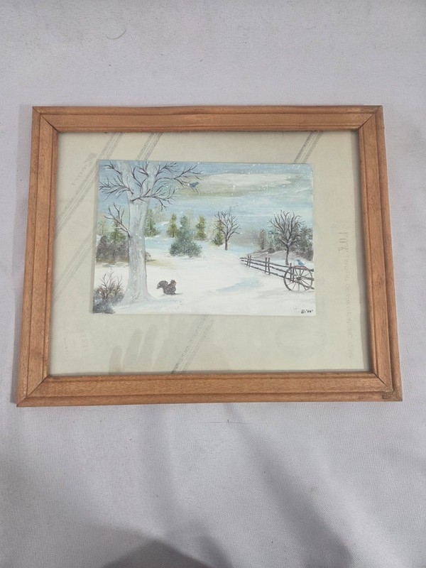 Original Framed Winter Landscape Painting 5x7 Canvas Snow Squirrel Signed B '03 gallery