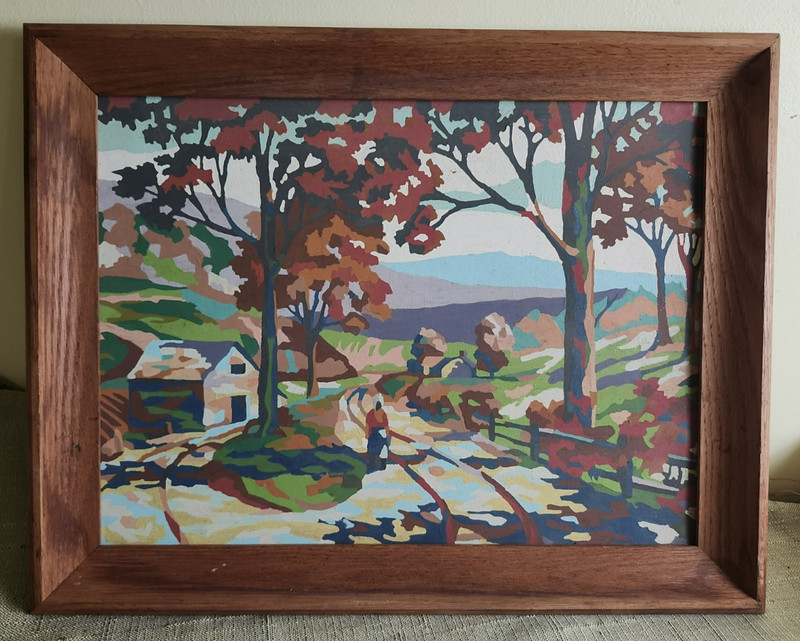 Vintage Unsigned Wood Frame Landscape Painting, Muted Colors, Country Scene
