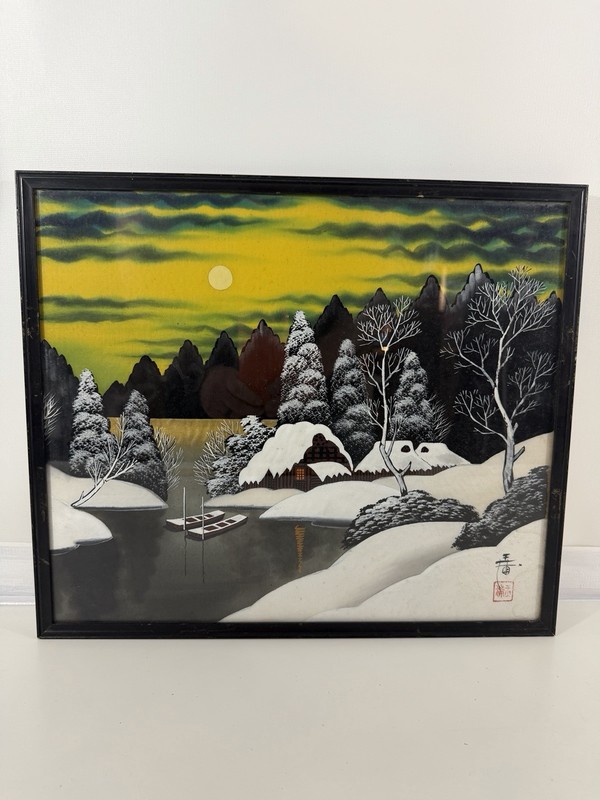 Japanese Silk Painting Winter Landscape Framed Signed 1953 Osaka Cabin Scene