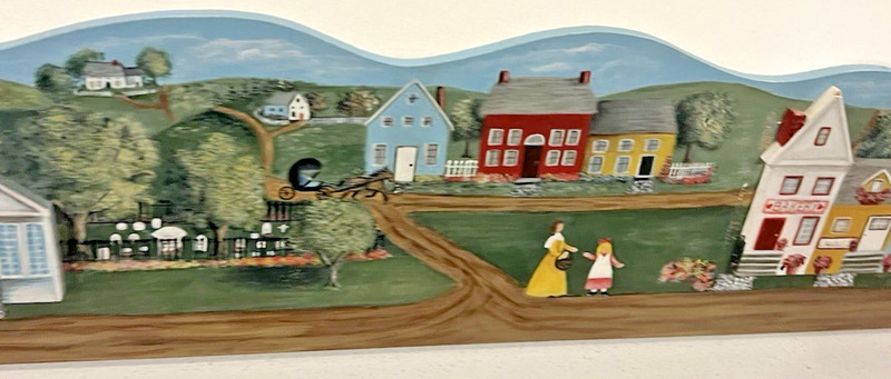 Hand Painted Folk Art Village Scene Wood Shelf Sitter / Wall Plaque Americana