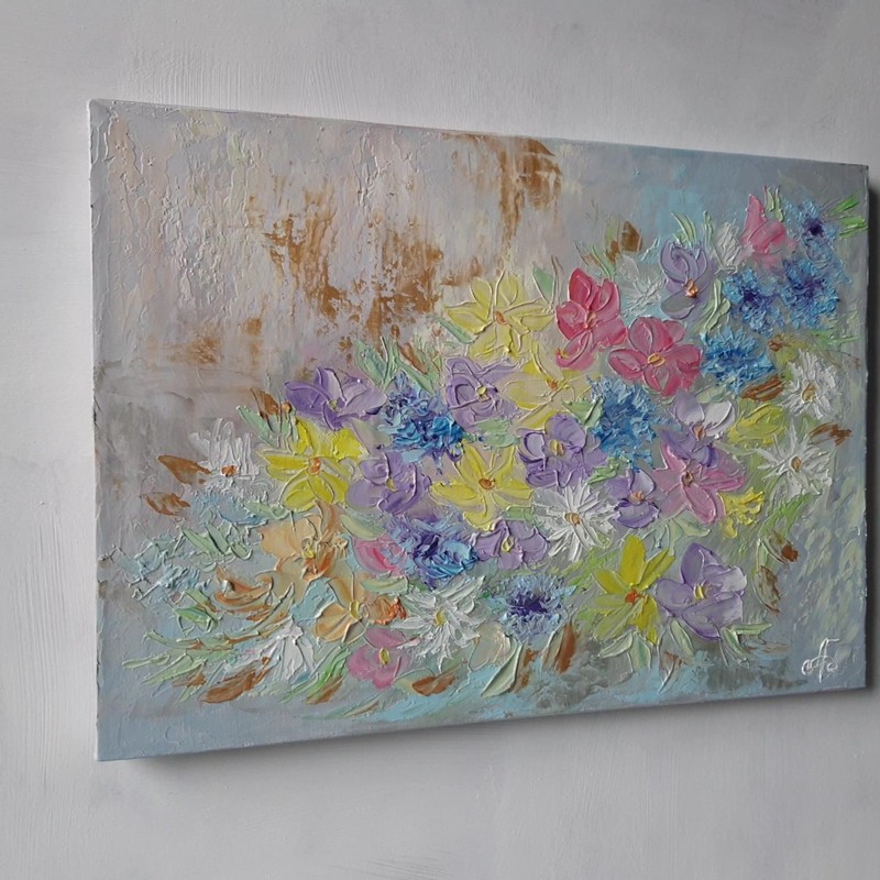 Joyful Spring Colors Original Oil Painting Colorful Flowers Palette Knife Art gallery