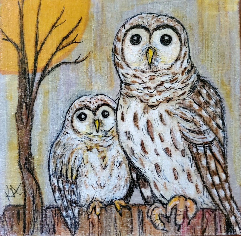 Original Art 4×4 – OWLS Mom and Baby – Colored Pencil on Wood Panel