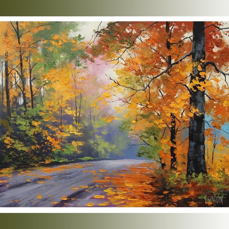 MQ722 Stretched Canvas Frame / Un Handmade Landscape View Road Tree Oil Painting