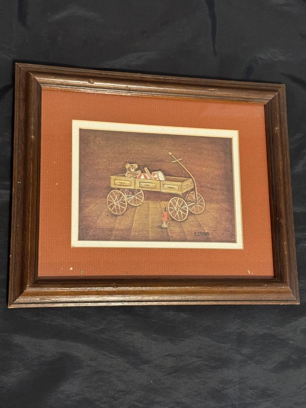 C Storm Toy Wagon Nursery Art Painting Wood Frame. Vintage