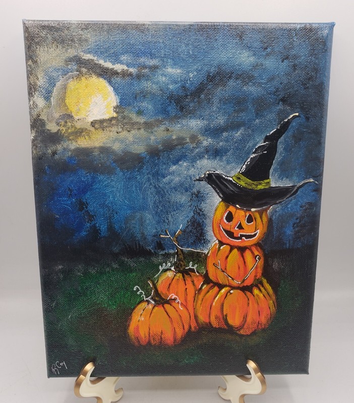 Halloween Painting Acrylic Original Art 8×10″ Canvas Jack-o-lantern Pumpkin Moon
