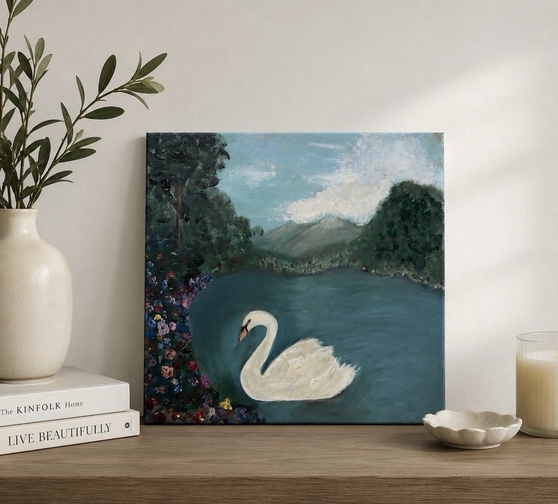 Original acrylic Impressionist Canvas Painting – Swan Lake Landscape, Unframed