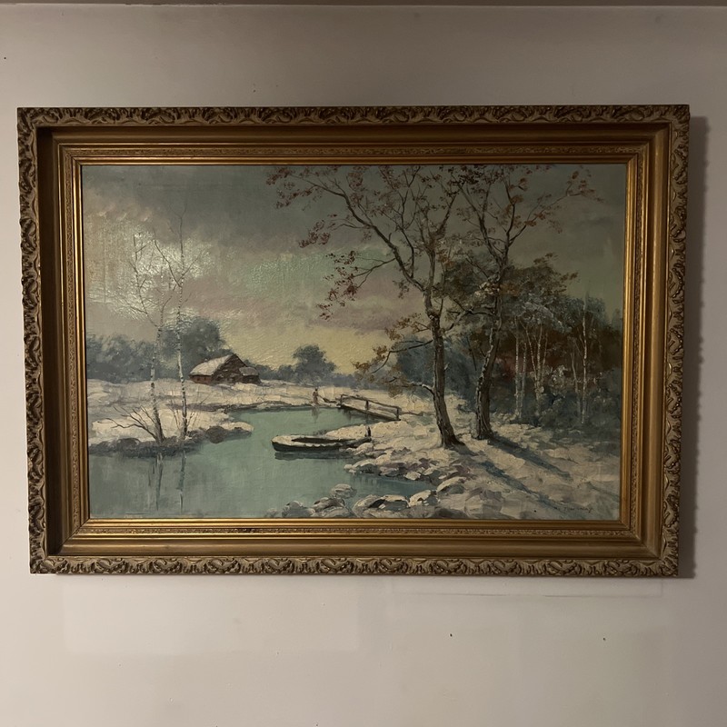 Painting H. Tournay – Cabin with Trees Winter Scene Oil On Canvas Framed