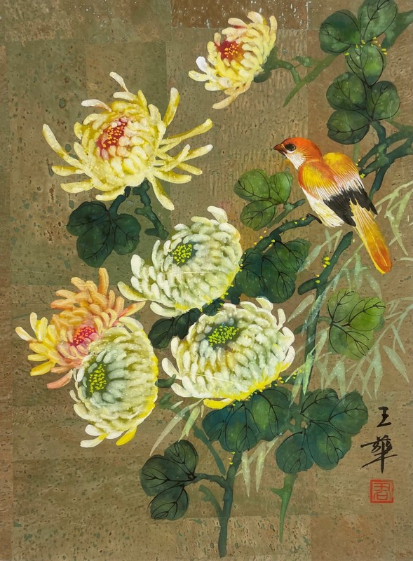 Dyen "Songbird " Hand Signed Original Painting on Cork Framed Asian Art NEW gallery