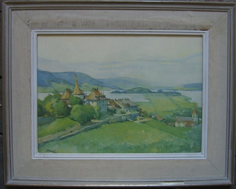WATERCOLOUR REPRODUCTION PRINT LANDSCAPE VILLAGE LAKE HILL HAND SIGNED