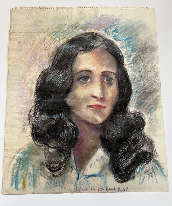 Vintage Pastel Drawing “The Girl With The Jet Black Hair” 1978 by Bill Rakocy
