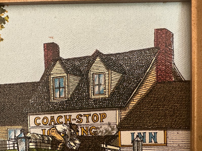 1985 - Signed H. Hargrove - General Store/Coach-Stop Serigraph on Canvas -Framed gallery