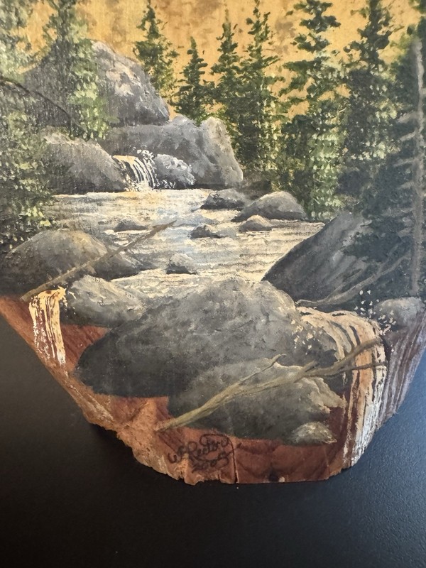 Original Mountain Stream Landscape Oil Painting on Wood Slab (Signed) gallery