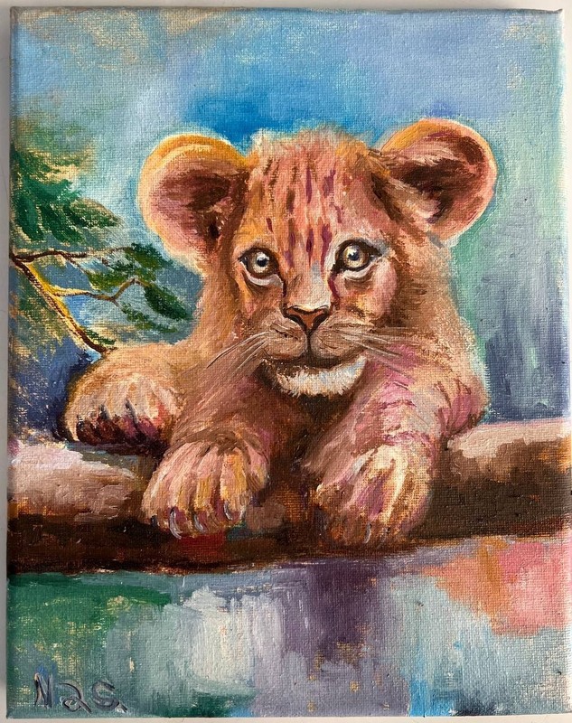 Lion Cub Portrait, Original painting oil, 8×10 inches, Home Gift, Wall Art Decor