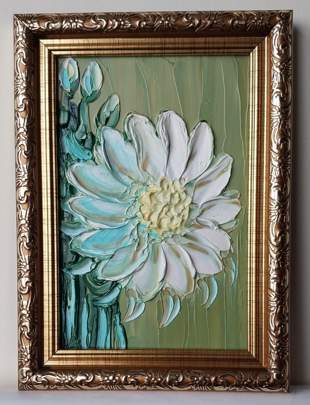 Framed White Flower Cactus Desert Floral Art 4×6” Textured Oil Painting Original