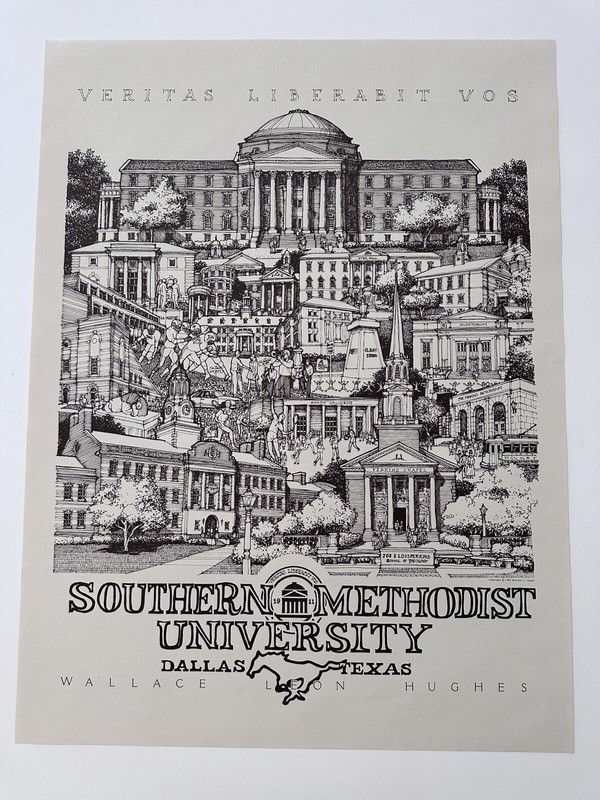 Southern Methodist University SMU Print 1989 Art by Wallace Hughes 24×18 Print