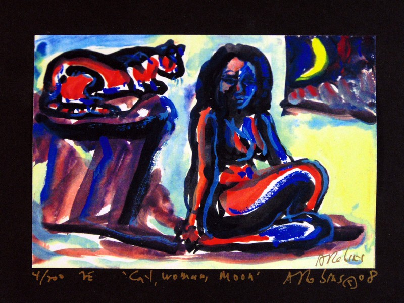 CAT WOMAN MOON 1 ORIGINAL PRINT Arthur Robins NYC Art landscape New York City