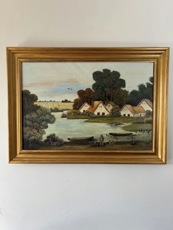 Wonderful Oil Painting Landscape «Fishing Boy» Vintage Large Art