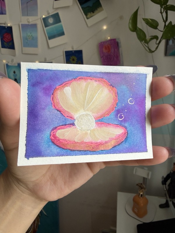 Original ACEO Pink Neón Clam Shell Shimmering Pearl Fantasy Art 2.5×3.5