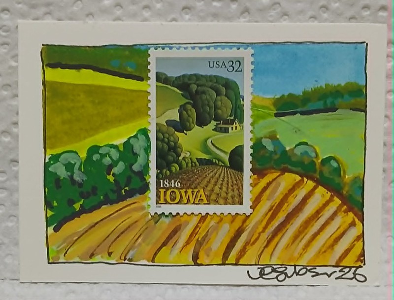 Iowa 32¢ Stamp Postal Whimsy OOAK ACEO Mixed Media Watercolor Landscape Art by V