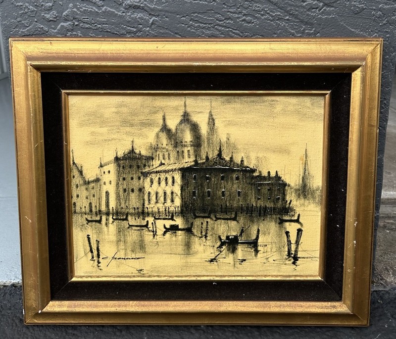 Vtg Oil on Board Painting Venice Boats in the Harbor Scene Signed Framed 19”x22”