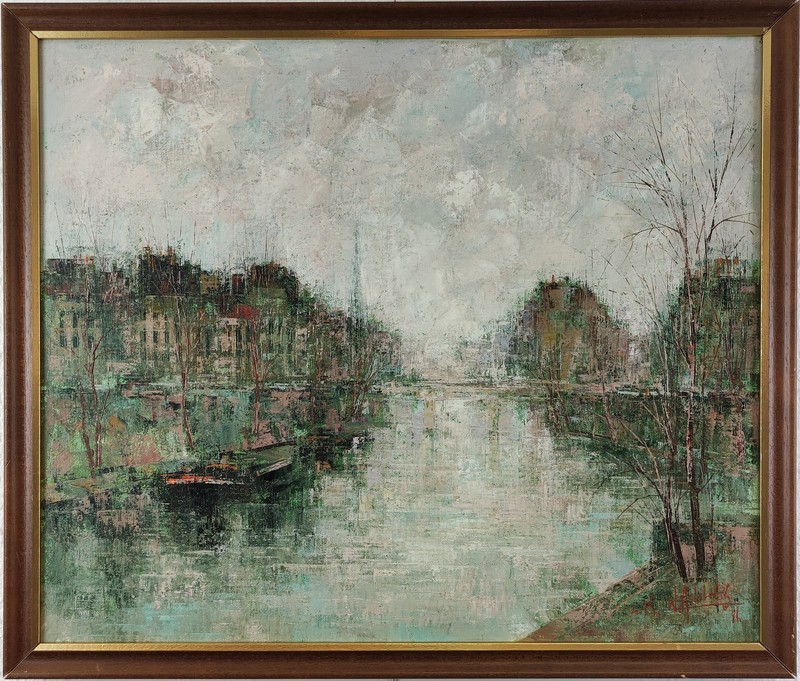 LUC COSSIER (B.1946) – VINTAGE IMPRESSIONIST OIL PAINTING – PARISIAN CANAL SCENE