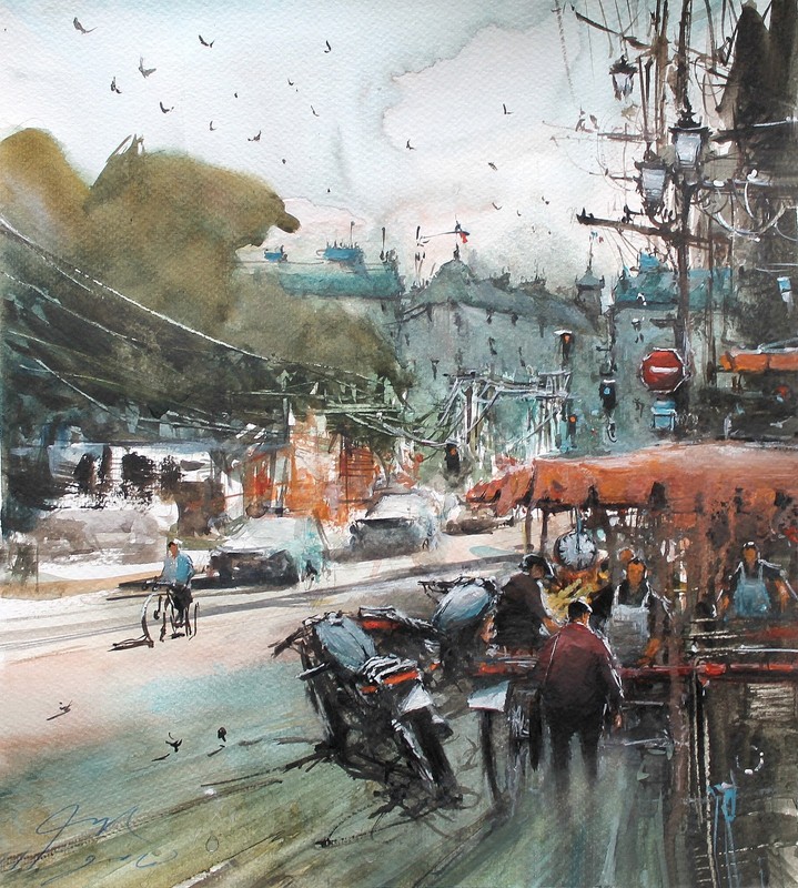 ORIGINAL PAINTING WATERCOLOR PARIS CITY CHAMPS ELYSEES MOTORBIKE MARKET 13×12 in