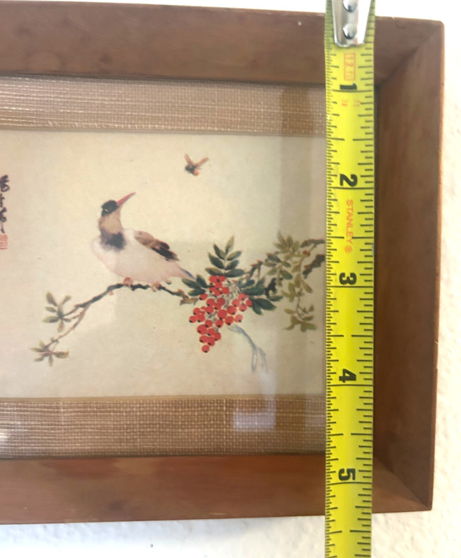 Vintage Asian Hand Painted Silk Bird Branch Berries Signed Framed Miniature Art gallery