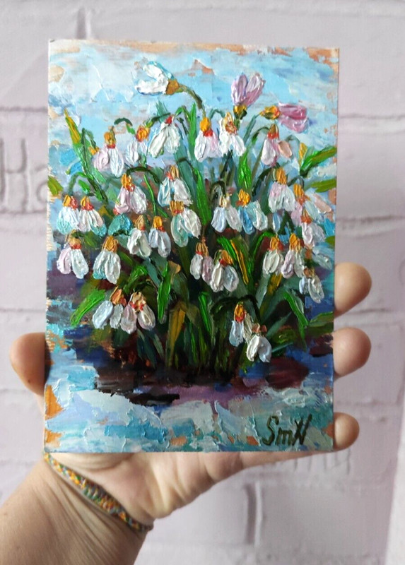 Original 3D Art Snowdrop Flowers Texture Oil Mini Painting Impressionism Floral gallery