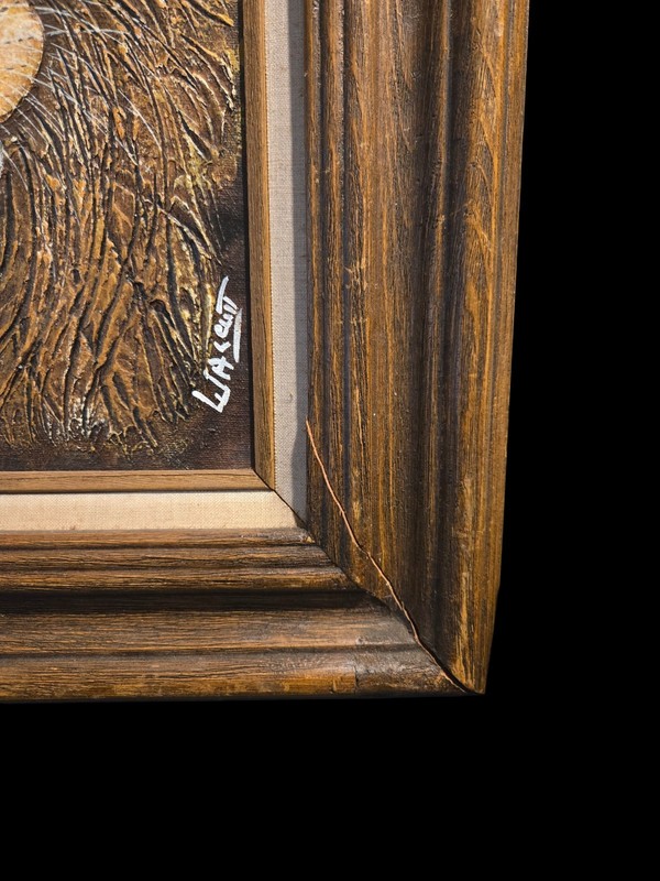 1970's Lion Framed Textured Oil Painting Artistic By Frank Walcutt 24" x 20" gallery
