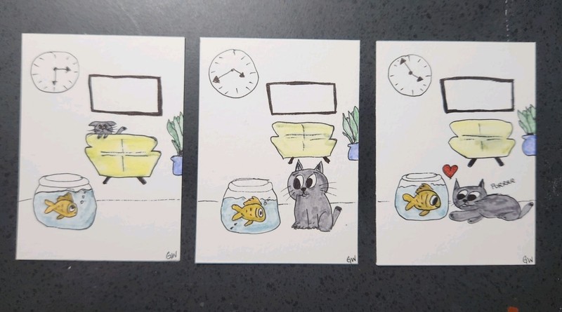 series of 3 ACEO Cat and Fish love Original art Marker On Paper Free Shipping