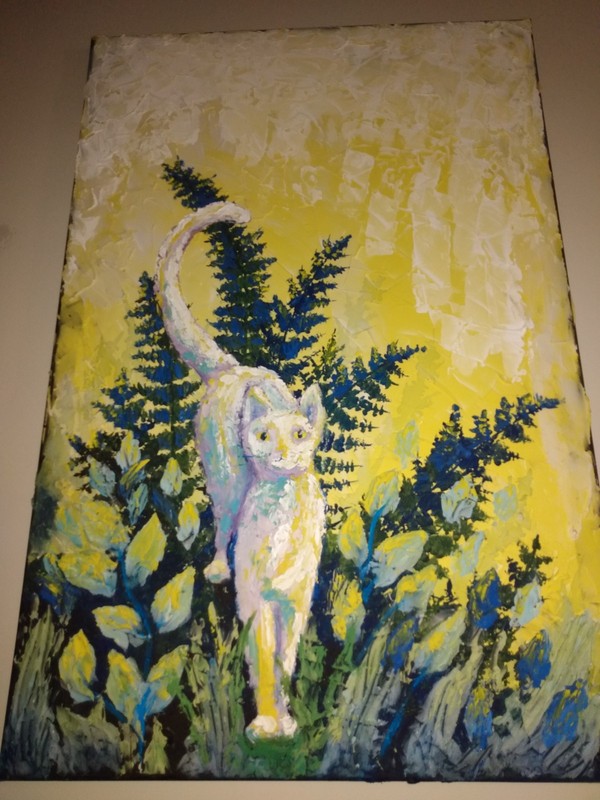 Original Painting 24" x 36" Contemporary Cat in Garden impasto canvas signed gallery