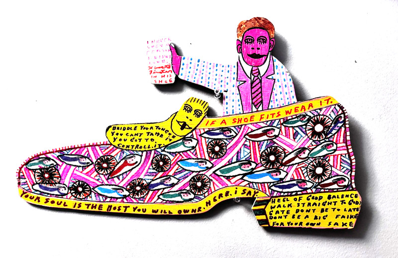 Howard Finster Original Outsider Folk Art Wood Cutout Shoe Signed 1996 #38000