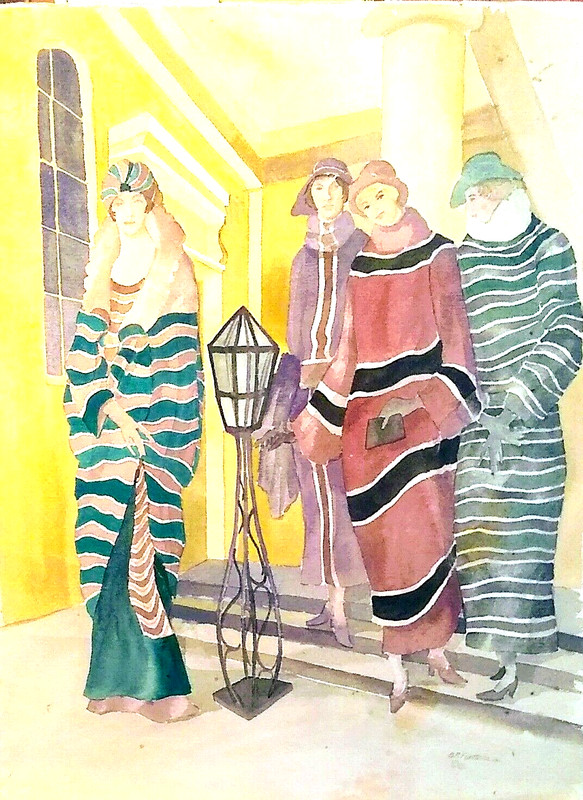B.P. Fiumara, Original watercolor «4 festive Ladies» Signed 87