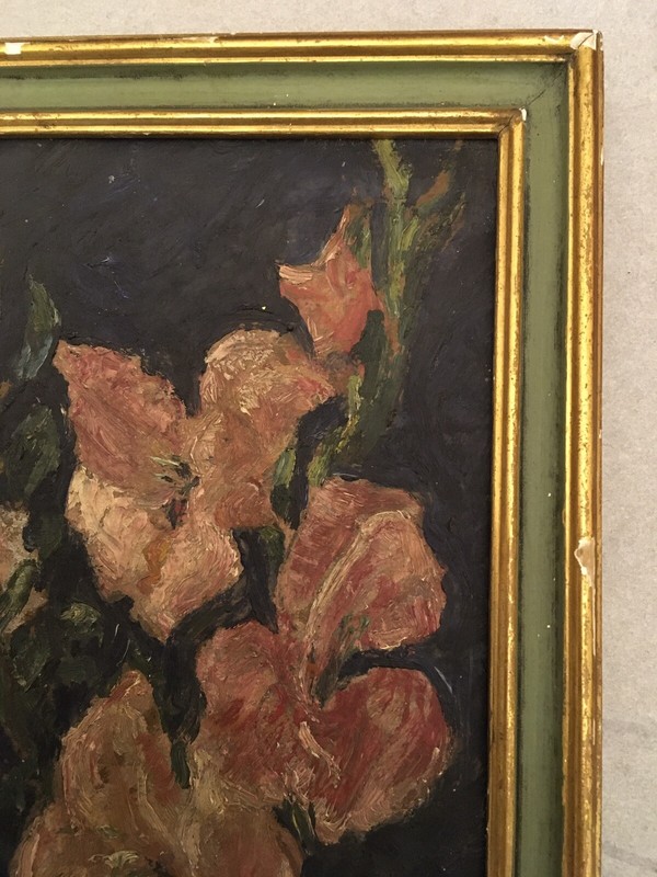 ANTIQUE ANDRE ALIZIER OIL PAINTING ON CARDBOARD. STILL LIFE W/FLOWERS 11 X 16 gallery