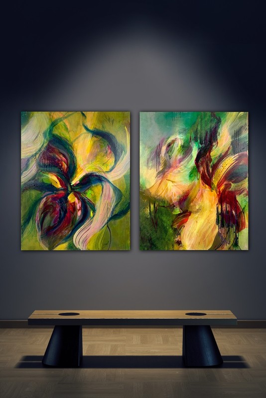 Original Signed Abstract Diptych Pamela Gene Miller Flourish Series Acrylic Art