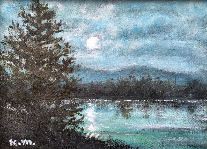 SILVERY MOON MINI – original framed 5X7 oil nocturne painting by K. McDermott