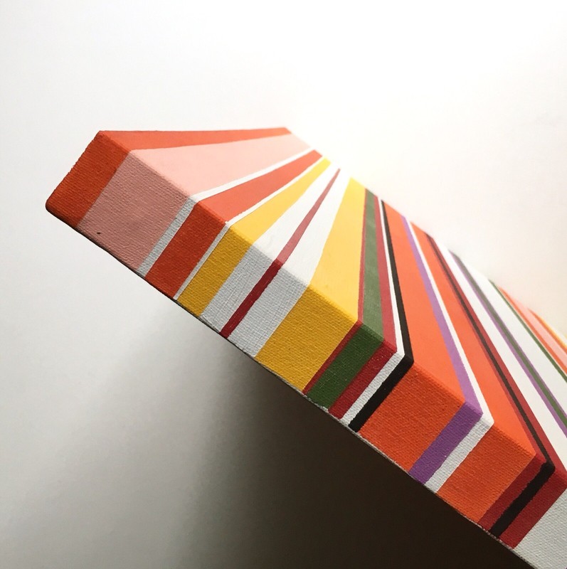 Hard Edge Stripe Painting in the Manner of Bridget Riley, 24” Vintage Op Art gallery