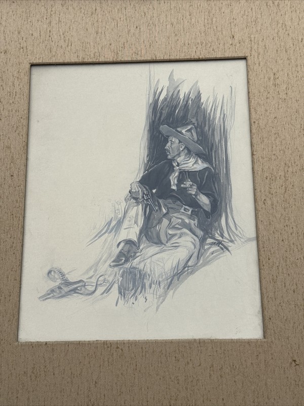 ANTIQUE PAINTING ILLUSTRATION AMERICAN COWBOY WESTERN MAN GUN LISTED WILLIAMS gallery