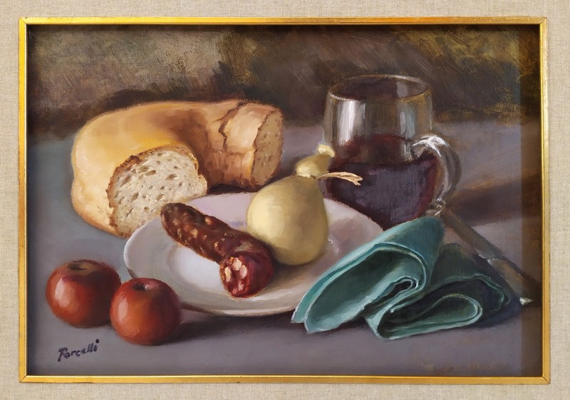 Realistic Food Still Life with Bread, Sausage, Wine Original Oil Painting signed