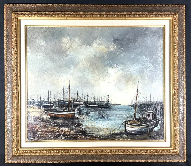 Michel Girard Oil Painting Port de Peche French Harbor Boats 1969 Framed Signed