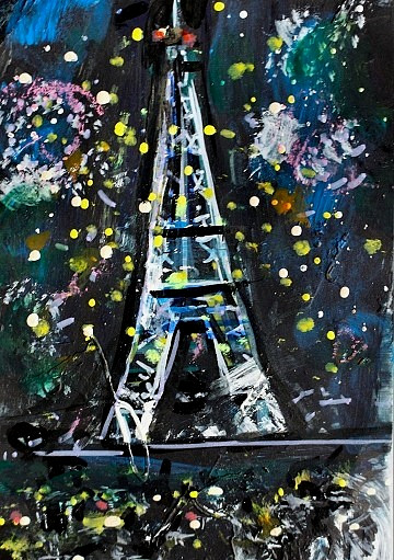 ACEO Original Painting FIREWORKS Eiffel TOWER Paris France Night Summer ATC ART