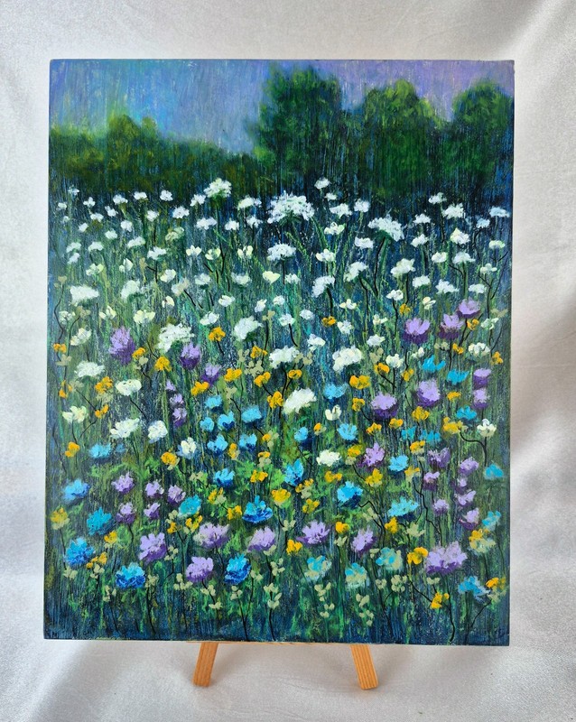 Oil Pastel, Original Painting, Field of Blooms, 8×10 Cradled Birch Wood, Signed