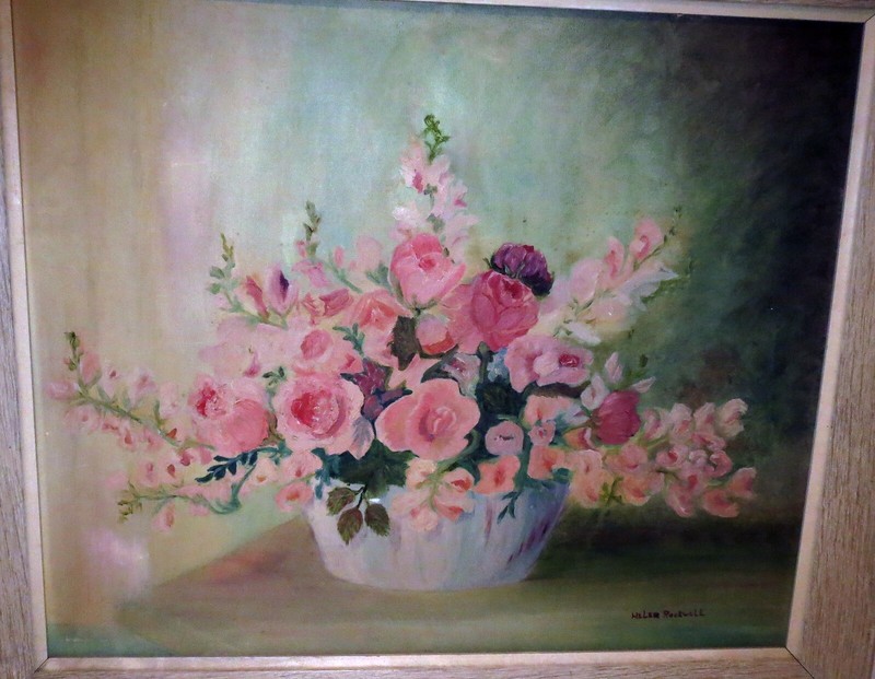 Antique Painting VASE OF PINK & RED ROSES FLOWERS – Noted Artist HELEN ROCKWELL